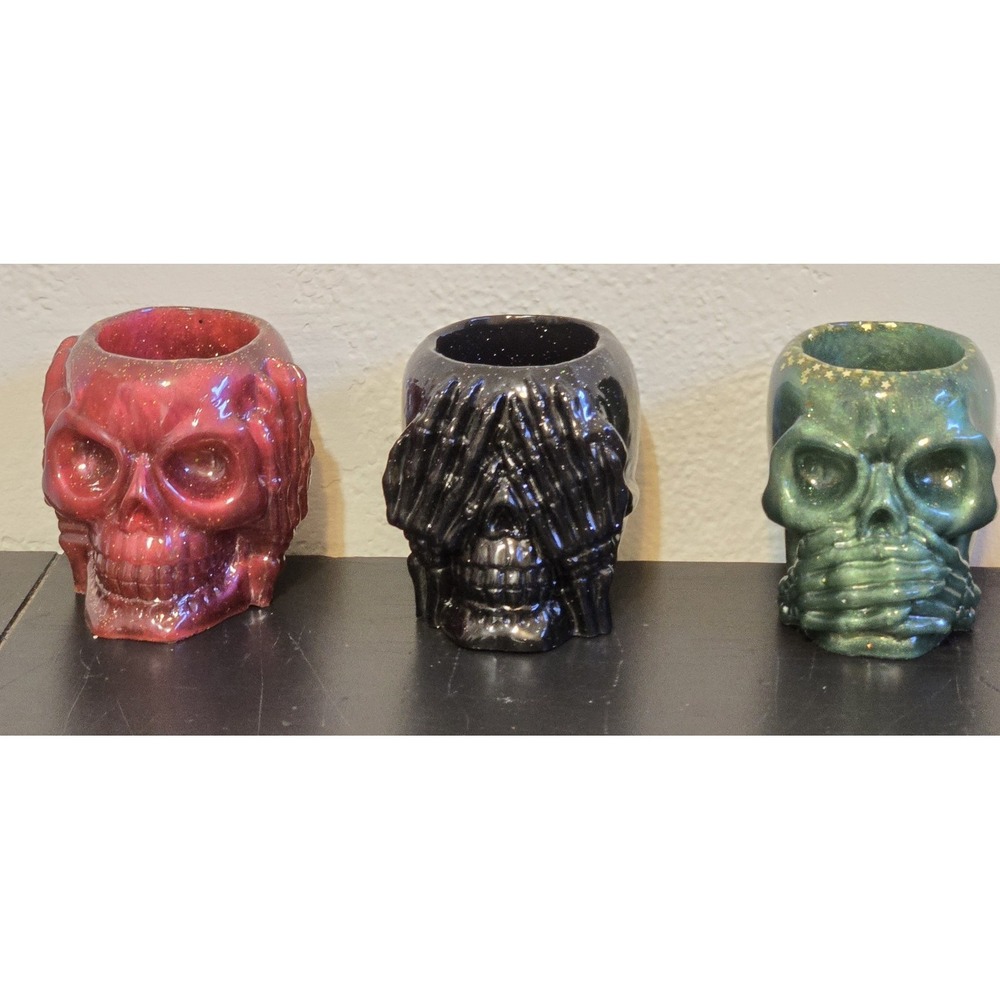 Handmade Resin Skull Candle Holder Vase Set Of 3 Black Green Red Goth Garden